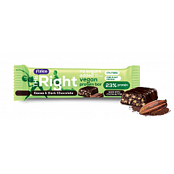 Fizico, The Right Vegan Protein Bar, baton proteic cu proteine vegetale si cacao, acoperit cu ciocolata neagra, fara zaharuri adaugate, cu indulcitori, 40g