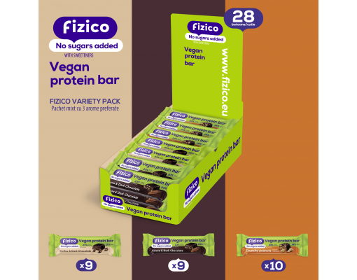 imageFizico, Pachet mixt cu 28 batoane proteice vegane, fara zaharuri adaugate, cu indulcitori naturali, 28x40g